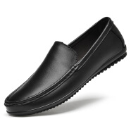 雷克狮途（REKOSDU）男鞋37码透气软底豆豆鞋透气白色皮鞋防滑牛皮驾车休闲鞋男士皮鞋 黑色（二层牛皮） 37 内长约23.5cm