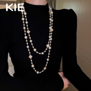 KIE韩国镶钻花朵珍珠长款项链时尚气质感毛衣链新款小众项饰 项链白色
