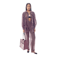 香奈儿（CHANEL）衬衫式连衣裙女装新款长袖印花棉质薄纱条纹短裙精致优雅 玫红色 42