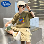 迪士尼男童短袖套装夏季2024新款儿童帅气炸街中大童棉T恤上衣两件套 橄榄绿T恤 120cm