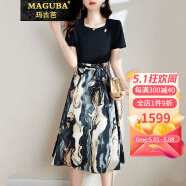 玛古芭（MAGUBA）品牌连衣裙女2023夏季新款显瘦韩版时尚印花短袖裙子 黑色 2XL