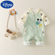 迪士尼（Disney）婴儿米奇春款连体衣套装超萌男宝宝纯棉双层哈衣婴幼儿春秋爬服潮 绿色 66(高60重7-12斤)0-3个月