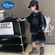 迪士尼（Disney）男童酷帅套装夏款2025新款t中大儿童夏装渐变色T恤个性休闲两件套 黑色 120 cm