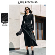 太平鸟女装连衣裙假两件撞色拼接针织裙时尚长袖收腰裙子 黑色 M