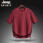 吉普（JEEP）23年新款t恤男潮流显瘦亚麻七.分袖夏季薄款中国风复古棉麻短袖 酒红色 XL