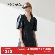 MO&Co.春季高腰泡泡袖仿皮革连衣裙小黑裙MBB1DRS010 黑色 XS/155