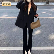 若卡姿咖色西装外套女2024新款韩版双排扣宽松感炸街休闲西服潮 黑色 M