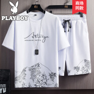 花花公子（PLAYBOY）【两件套】花花公子短袖t恤男2024夏季男装联名透气休闲潮流套装 0815白色【上衣+裤子】 L（建议120-145斤）