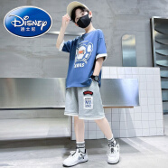迪士尼（Disney）一贝皇城儿童装男童夏装短袖套装2023新款中大童男孩夏季薄款帅气 深蓝色套装 中国风短袖短裤 120