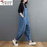 啄木鸟洋气牛仔背带裤女秋季2024新款宽松减龄高腰显瘦连体裤子 蓝色 M【建议95-115斤】