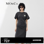 MO&Co.抗菌防螨爱心珠片解构不对称设计感显瘦连衣裙 钢灰色-第1批 XS/155