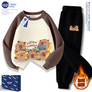 NASA STONE联名卡通儿童卫衣套装2025款女童春秋装运动服两件套男童衣服 咖杏+黑裤子（加绒款二） 100 儿童尺码推荐【22-30斤】