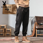 花花公子英伦雅痞工装裤男士秋冬季潮牌宽松束脚裤新款2025直筒休闲长裤子 黑色 S 【适合90-115斤】