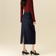 悦依彤开衩牛仔半身裙长款女秋冬2024新款高腰加绒A字直筒一步包臀裙 丹宁蓝 厚款 S 26