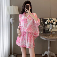 BVX休闲运动套装女夏新款轻奢洋气炸街漂亮衬衫短裤旅游薄款两件套潮 粉色 L