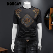 诺尔盖（NORGAY）港系潮牌2024新款高端轻奢短袖微阔宽松时尚圆领男士T恤 黑色 M