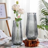 盛世泰堡玻璃花瓶灰色富贵竹水培大花瓶客厅桌面装饰摆件冰川竖条纹20cm
