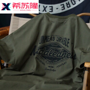 希苏隆麒麟先生「元老」夏季美式做旧印花短袖T恤男休闲潮牌圆领vintage 绿色 M