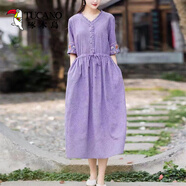 啄木鸟中国风提花刺绣V领连衣裙女2025夏季宽松显瘦系带收腰气质长裙子 紫色 M 【80-115斤】