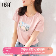 欧莎（OSA）T恤女士夏季新款衣服短袖印花上衣体恤修身潮清爽冰瓷棉感 粉色S120B11012 S