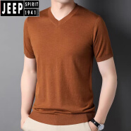 吉普（JEEP）男士短袖T恤V领毛衣中青年纯色含羊毛薄针织打底衫男装半袖户外 HXTL8橙色 165 【适合100-120斤】