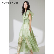 红袖（hongshow）商场同款HOPESHOW欧根纱女绿色提花连衣裙 绿花602 XS