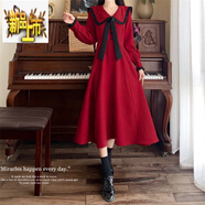 初径新年红色连衣裙少女秋冬装胖美眉法式气质娃娃领甜美收腰中长裙学 7187#红色 L 大码