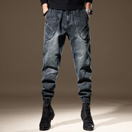 沐秋（MUQIU）美式复古哈伦牛仔裤子男秋季新款潮牌拼接水洗宽松休闲百搭束脚裤 怀旧蓝 S 适合90-110斤