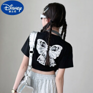 迪士尼（Disney）女童2024夏季新款蝴蝶结针织套装美式原创设计针织裤蝴蝶短袖T恤 黑色T恤 120cm