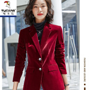 啄木鸟酒红色金丝绒西装外套女2026春秋韩版休闲灯芯绒时尚小西服套装潮 酒红色 L 106-116斤