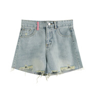 鸢诺流苏刺绣牛仔短裤女2025年新款夏季设计感小众高腰a字裤破洞裤子 图片色 S