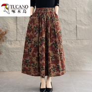 啄木鸟碎花棉麻半身裙女士夏季秋冬2025年新款高腰百褶垂感字大摆中长裙 18号色 XL 建议90一110斤