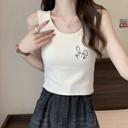 元蓓盈杏色纯色宽肩小吊带无袖背心女2025新款辣妹修身显瘦短款上衣 白色【右上小兔子黑】 S 建议60-75斤