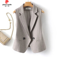 皮尔卡丹（pierre cardin）修身短款西装领毛呢马甲女秋冬新款人字呢叠穿百搭马夹背心潮 咖啡色 M 85-100斤