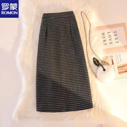 罗蒙（ROMON）格子半身裙女中长款a字秋冬2026年新款加厚保暖松紧高腰显瘦长裙 小格子黑色 L