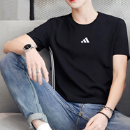 阿迪达斯（adidas）官方男装T恤 26夏新款棉质舒适透气运动半袖跑步健身休闲圆领短袖 黑/纯棉/时尚三条纹/经典款 L 码【175-180cm/150-160斤】