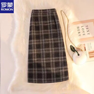 罗蒙（ROMON）格子半身裙女中长款a字秋冬2026年新款加厚保暖松紧高腰显瘦长裙 大格子棕色 S