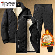 啄木鸟正品冬季羊羔绒休闲加绒加厚棉服棉裤马甲套装男防寒保暖衣 8912黑衣+696马甲+1733束脚棉裤 4XL