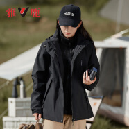 雅鹿三合一冲锋衣女男防风短外套加绒加厚可拆内胆风衣保暖滑雪登山服 YLN11Z36820黑色-女 M