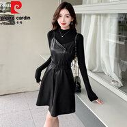 皮尔卡丹（pierre cardin）法式高级感收腰PU皮时尚气质连衣裙女秋季新款时尚吊带裙绝美小裙 黑色单裙 90-130斤 均码