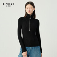 深呼吸DEEP BREATH女装竖坑条拉链翻领修身纯羊毛针织衫女A300996 黑 L (4码)