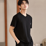 男士短袖薄款大码睡衣夏季单件家居青年上衣全纯棉休闲宽松t恤V领 黑色 2XL 体重125-140斤