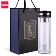 得力双层透明玻璃杯水杯 泡茶杯 直身杯车载杯带滤网(黑色盖)礼盒装 【400ML 1个】6100双层玻璃杯 茶杯 多规格可选【得力厂家直销 多仓发货】