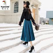 啄木鸟2026新款金丝绒半身裙女秋冬高腰中长款风琴百褶裙显瘦女士a字裙 孔雀蓝 L码【建议110-125斤】