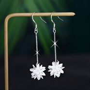 KZD999纯银色足银色冰花耳环女2025新款潮雪花时尚感水晶耳钉长款 长耳坠冰花款老凤祥