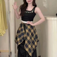 靓做黑白格彩色黄色格子屁帘女一片式系带藏肉遮臂神器下摆叠穿男女生 一片式下摆衫【黑黄格子】