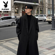 花花公子英伦风大衣男春秋季中长款过膝潮牌宽松感西装领雅痞风衣外套 黑色 4XL 180-205斤可穿