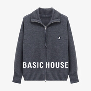 Basic House/百家好翻领双头拉链毛衣冬加厚时尚小狗刺绣开衫外套 灰色 L
