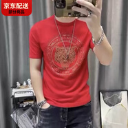 接运猫老虎头t恤带钻石 短袖t恤韩版潮流重工烫钻老虎头半袖打底 红色-虎头 l (建议110-130斤)