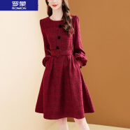 罗蒙（ROMON）  连衣裙女秋冬季2024新款韩版复古红色格子圆领系带显瘦毛呢裙子 红色 2XL